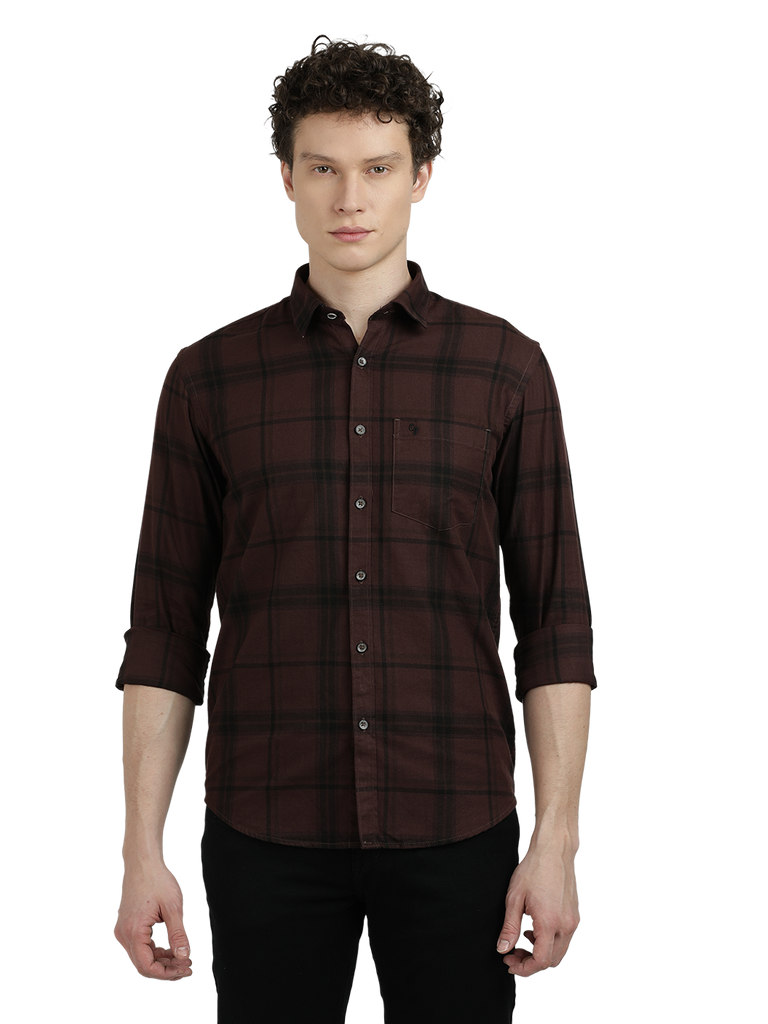 Model wearing Clarke Gable's Dark Maroon With Black Checked Semi Casual Shirt in a casual setting