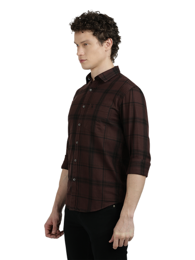 Model wearing Clarke Gable's Dark Maroon With Black Checked Semi Casual Shirt in a casual setting