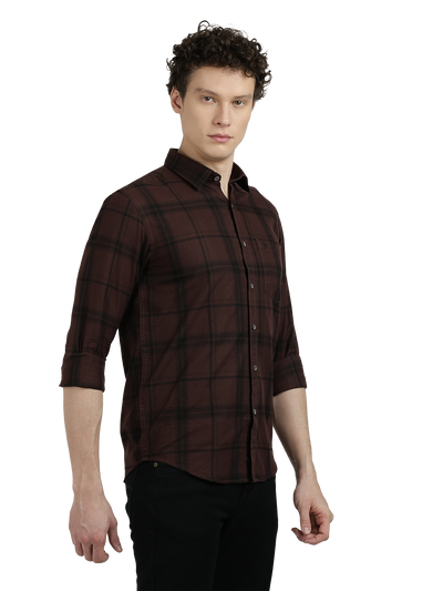 Model wearing Clarke Gable's Dark Maroon With Black Checked Semi Casual Shirt in a casual setting