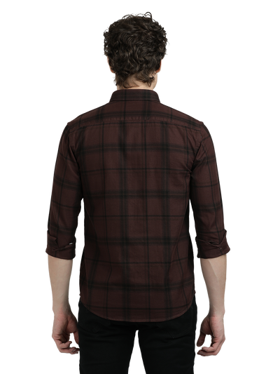Model wearing Clarke Gable's Dark Maroon With Black Checked Semi Casual Shirt in a casual setting