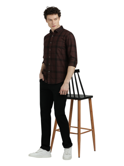 Model wearing Clarke Gable's Dark Maroon With Black Checked Semi Casual Shirt in a casual setting