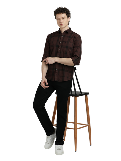 Model wearing Clarke Gable's Dark Maroon With Black Checked Semi Casual Shirt in a casual setting