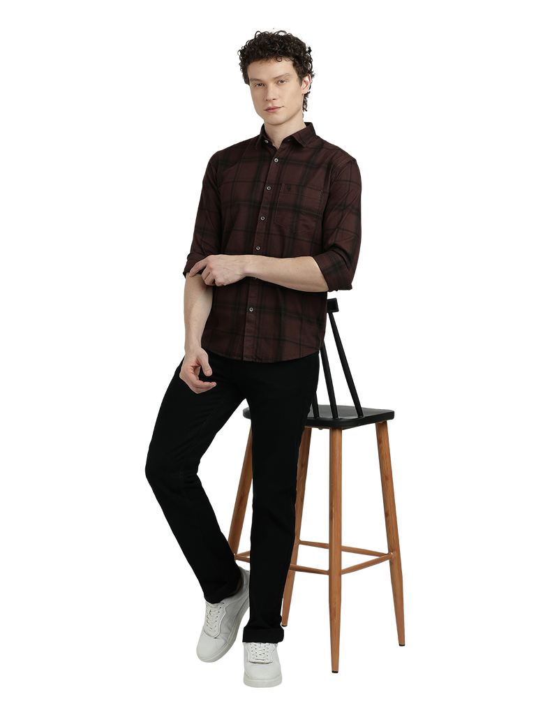 Model wearing Clarke Gable's Dark Maroon With Black Checked Semi Casual Shirt in a casual setting