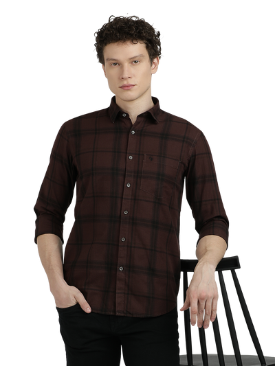 Model wearing Clarke Gable's Dark Maroon With Black Checked Semi Casual Shirt in a casual setting