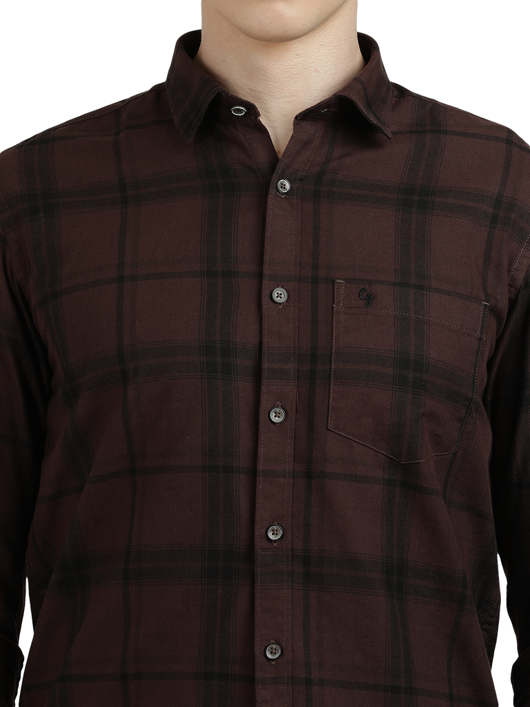 Model wearing Clarke Gable's Dark Maroon With Black Checked Semi Casual Shirt in a casual setting