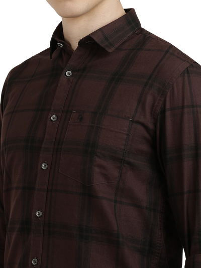Model wearing Clarke Gable's Dark Maroon With Black Checked Semi Casual Shirt in a casual setting