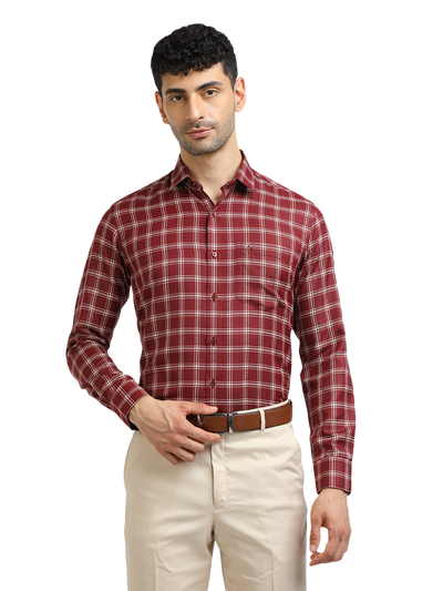 Model wearing Clarke Gable's Dark Maroon With White Checked Formal Shirt in a casual setting