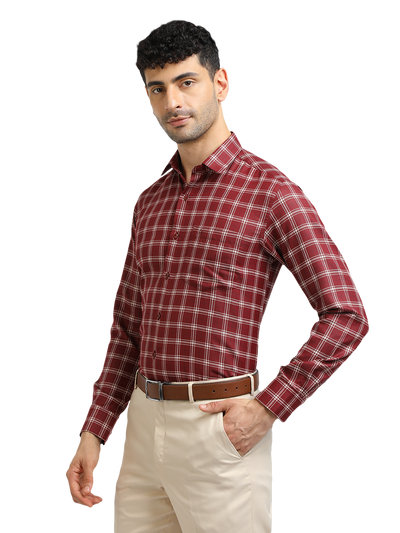 Model wearing Clarke Gable's Dark Maroon With White Checked Formal Shirt in a casual setting