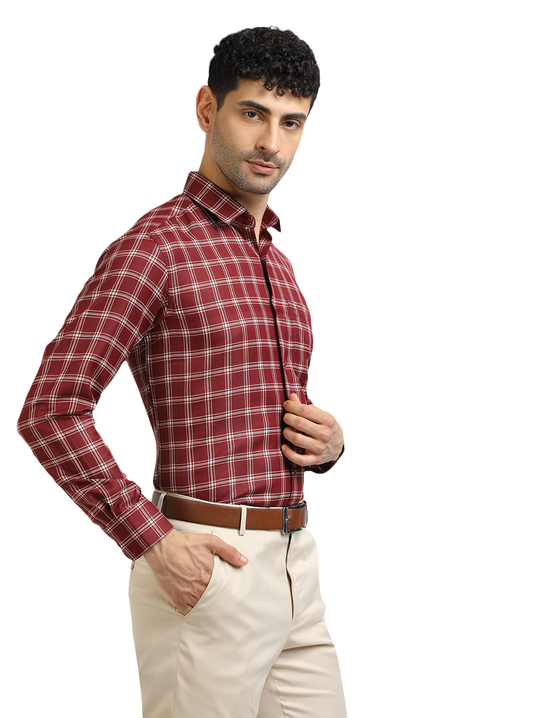 Model wearing Clarke Gable's Dark Maroon With White Checked Formal Shirt in a casual setting