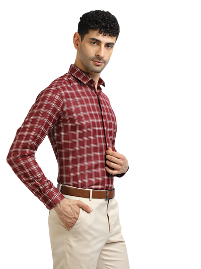 Model wearing Clarke Gable's Dark Maroon With White Checked Formal Shirt in a casual setting