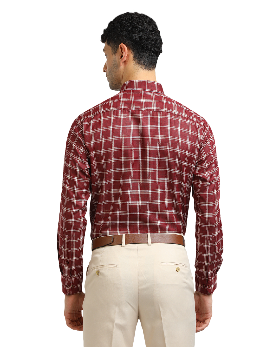Model wearing Clarke Gable's Dark Maroon With White Checked Formal Shirt in a casual setting