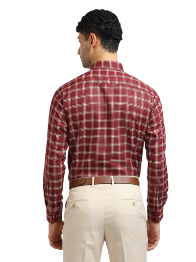 Model wearing Clarke Gable's Dark Maroon With White Checked Formal Shirt in a casual setting