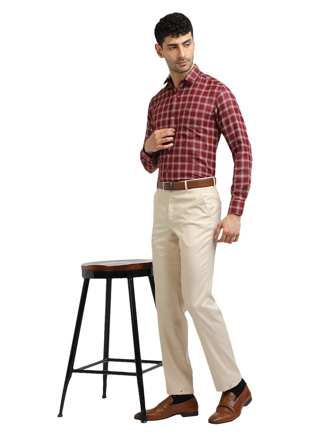 Model wearing Clarke Gable's Dark Maroon With White Checked Formal Shirt in a casual setting