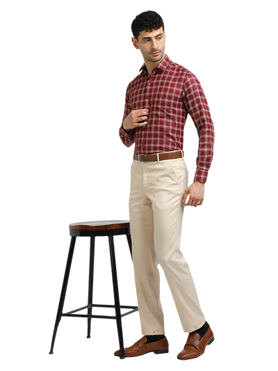 Model wearing Clarke Gable's Dark Maroon With White Checked Formal Shirt in a casual setting