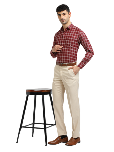 Model wearing Clarke Gable's Dark Maroon With White Checked Formal Shirt in a casual setting