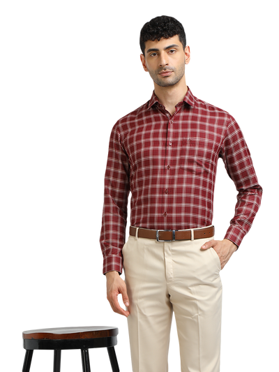 Model wearing Clarke Gable's Dark Maroon With White Checked Formal Shirt in a casual setting