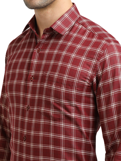 Model wearing Clarke Gable's Dark Maroon With White Checked Formal Shirt in a casual setting