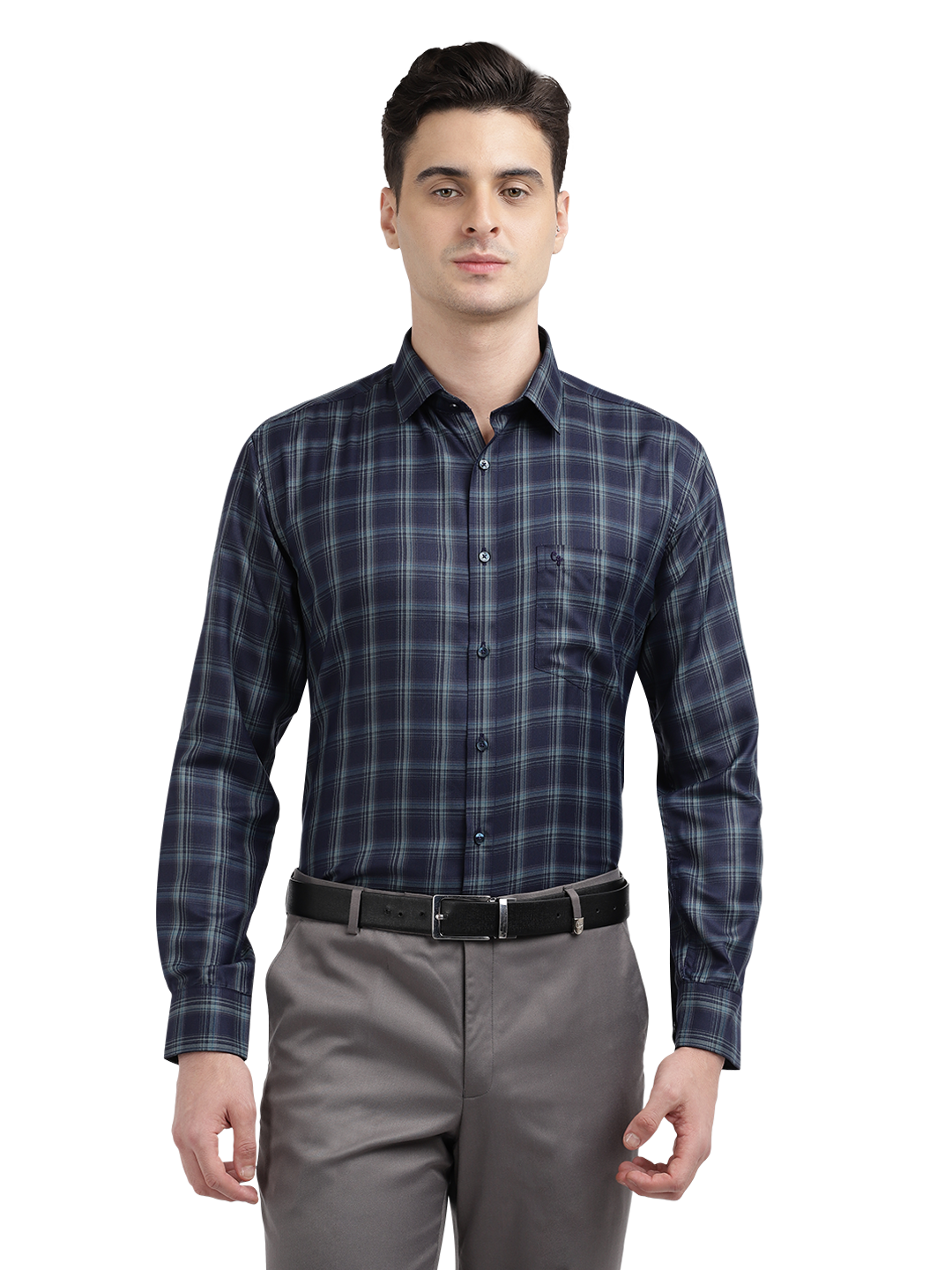 Model wearing Clarke Gable's Dark Navy Blue Checked Formal Shirt in a casual setting
