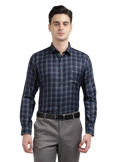 Model wearing Clarke Gable's Dark Navy Blue Checked Formal Shirt in a casual setting