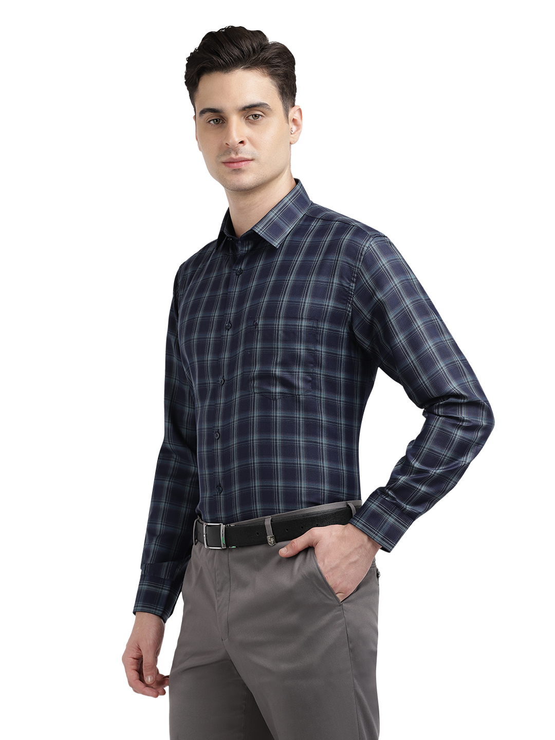 Model wearing Clarke Gable's Dark Navy Blue Checked Formal Shirt in a casual setting