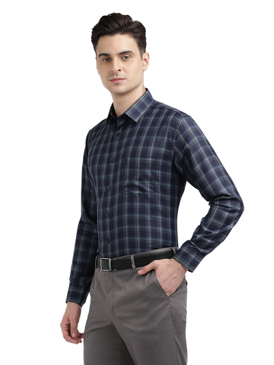 Model wearing Clarke Gable's Dark Navy Blue Checked Formal Shirt in a casual setting