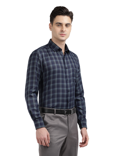 Model wearing Clarke Gable's Dark Navy Blue Checked Formal Shirt in a casual setting