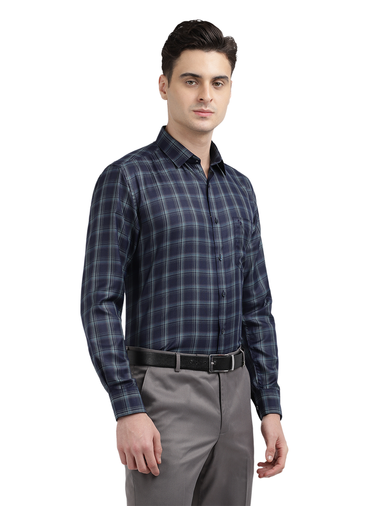 Model wearing Clarke Gable's Dark Navy Blue Checked Formal Shirt in a casual setting