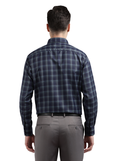 Model wearing Clarke Gable's Dark Navy Blue Checked Formal Shirt in a casual setting