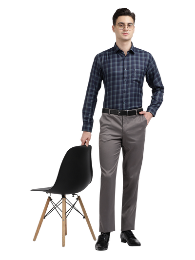 Model wearing Clarke Gable's Dark Navy Blue Checked Formal Shirt in a casual setting