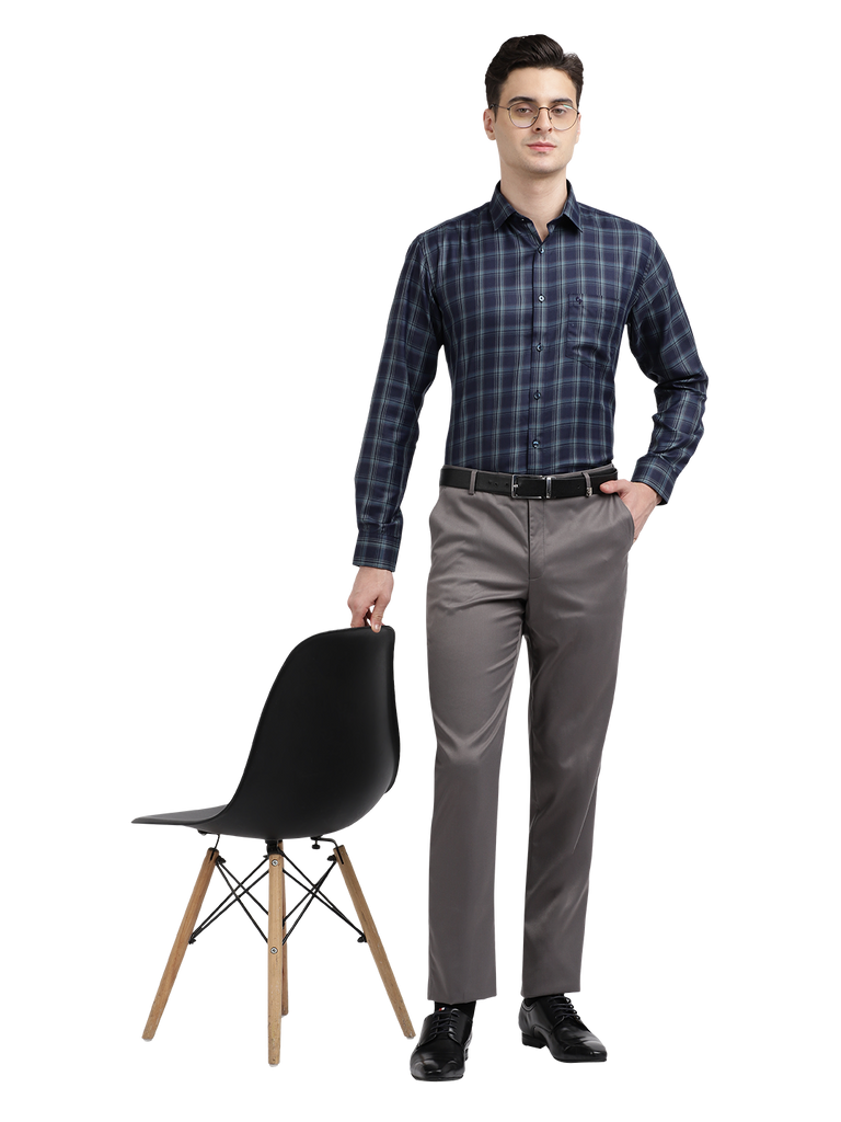 Model wearing Clarke Gable's Dark Navy Blue Checked Formal Shirt in a casual setting