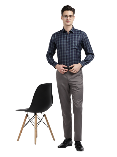 Model wearing Clarke Gable's Dark Navy Blue Checked Formal Shirt in a casual setting