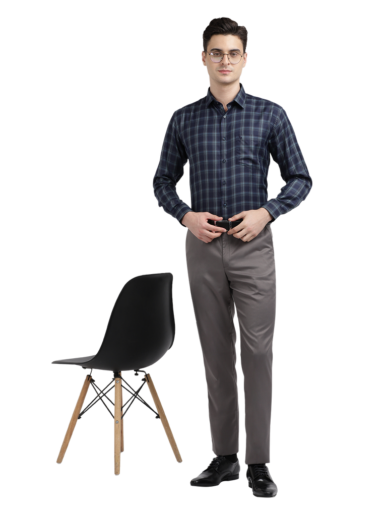 Model wearing Clarke Gable's Dark Navy Blue Checked Formal Shirt in a casual setting