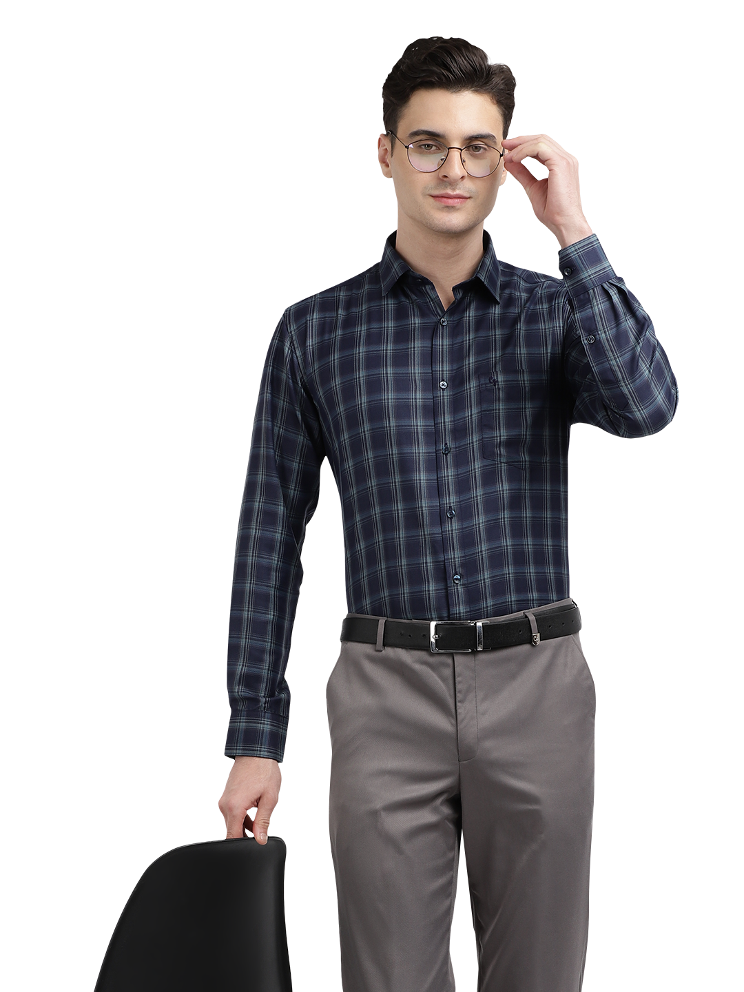 Model wearing Clarke Gable's Dark Navy Blue Checked Formal Shirt in a casual setting