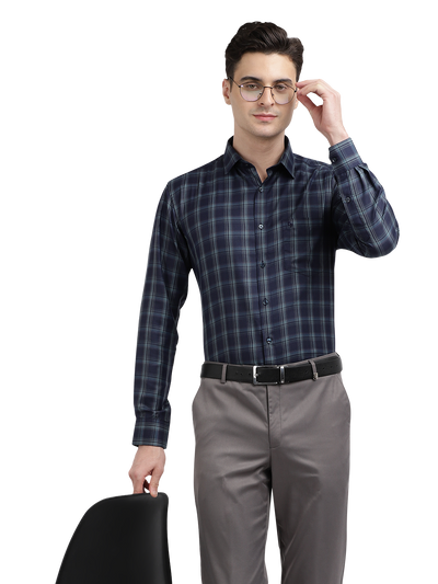 Model wearing Clarke Gable's Dark Navy Blue Checked Formal Shirt in a casual setting