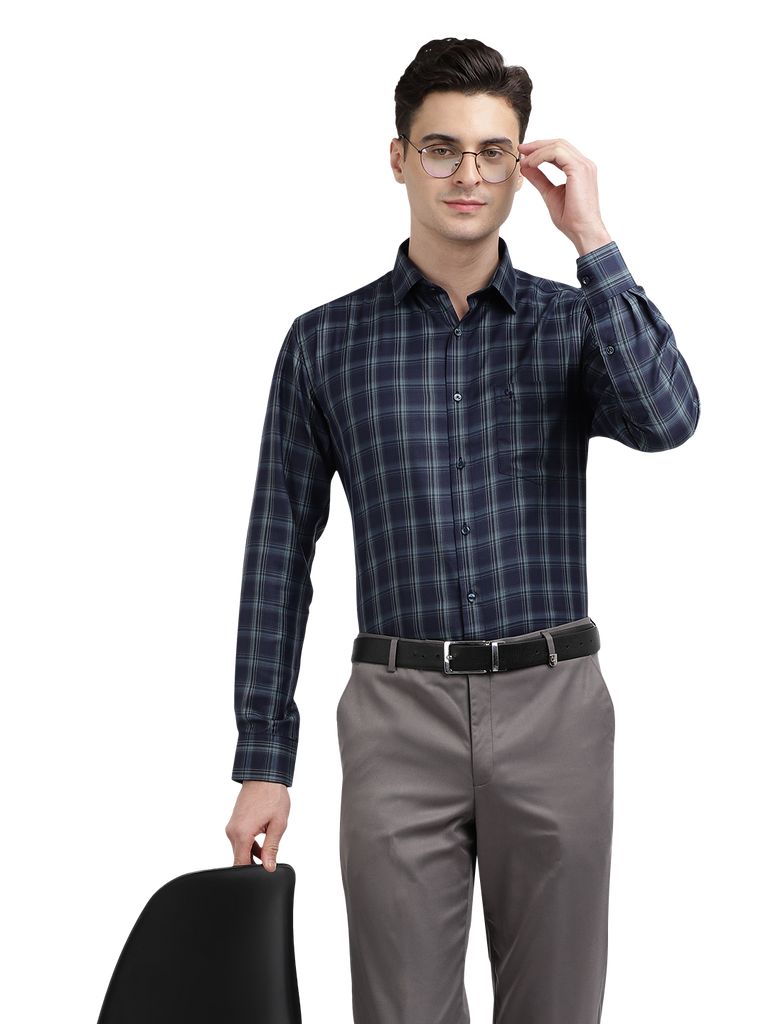 Model wearing Clarke Gable's Dark Navy Blue Checked Formal Shirt in a casual setting