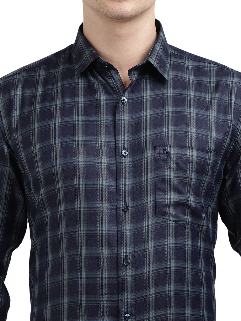 Model wearing Clarke Gable's Dark Navy Blue Checked Formal Shirt in a casual setting