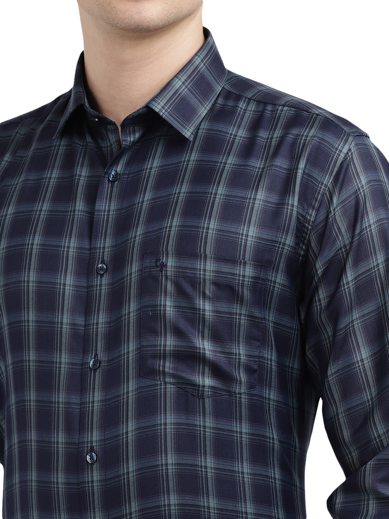 Model wearing Clarke Gable's Dark Navy Blue Checked Formal Shirt in a casual setting