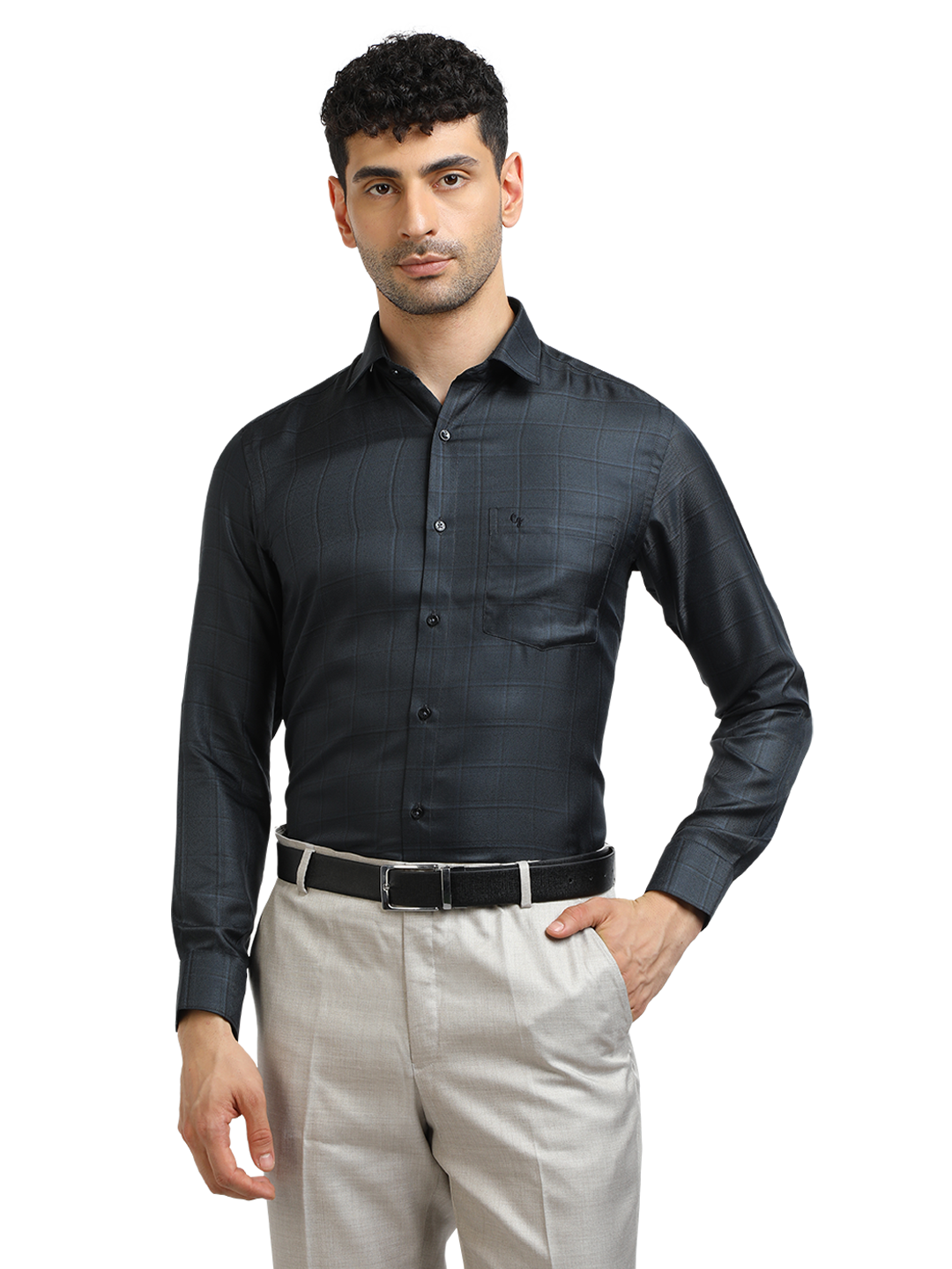 Model wearing Clarke Gable's Dark Navy Checked Formal Shirt in a casual setting