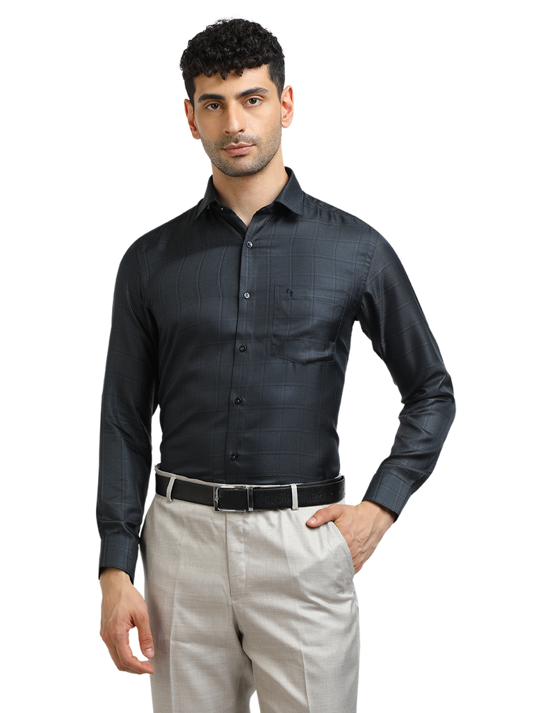 Model wearing Clarke Gable's Dark Navy Checked Formal Shirt in a casual setting