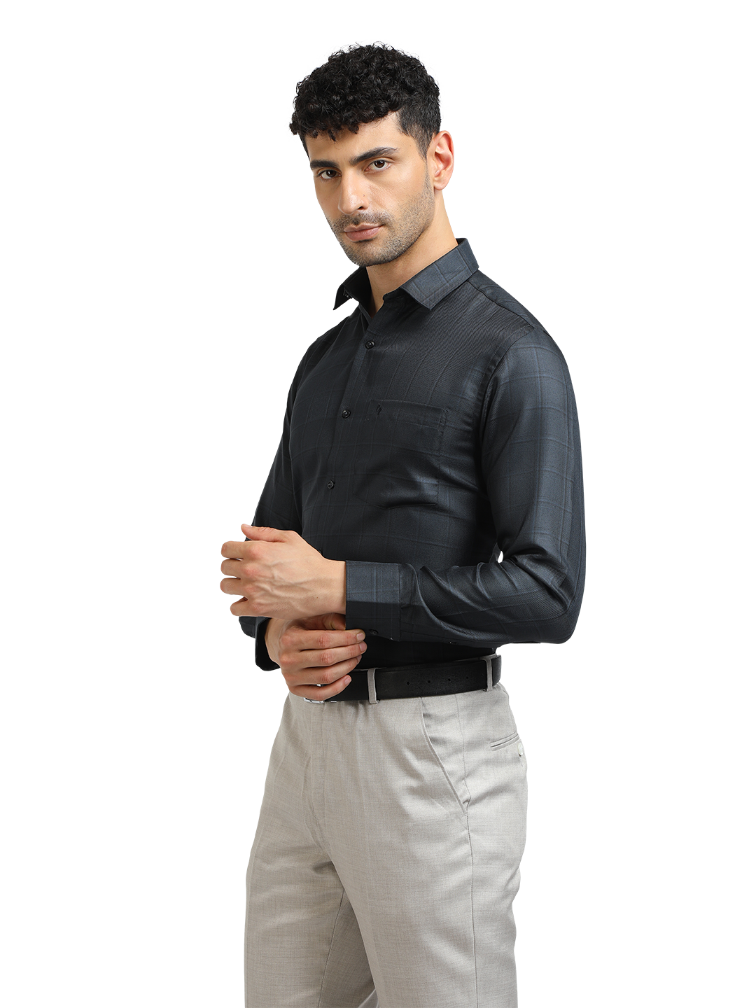 Model wearing Clarke Gable's Dark Navy Checked Formal Shirt in a casual setting