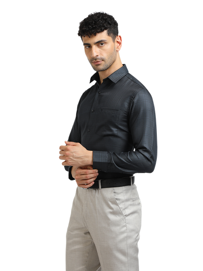 Model wearing Clarke Gable's Dark Navy Checked Formal Shirt in a casual setting