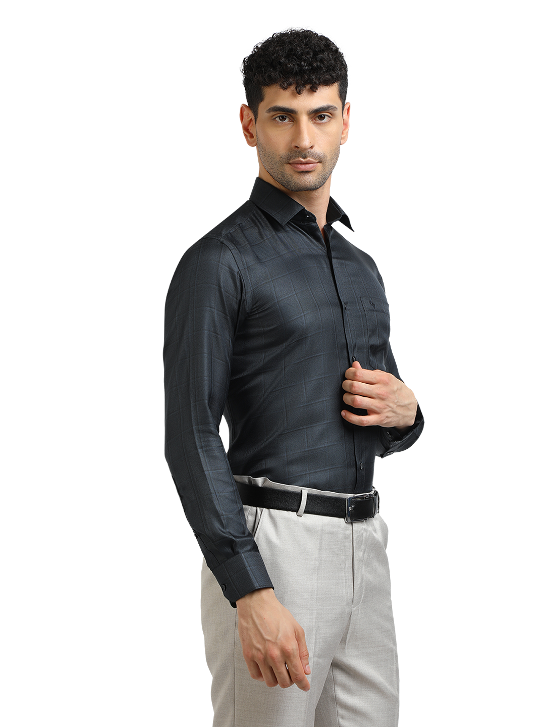 Model wearing Clarke Gable's Dark Navy Checked Formal Shirt in a casual setting