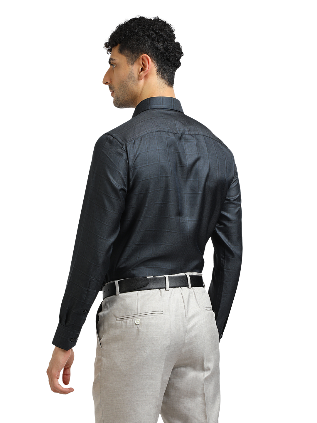 Model wearing Clarke Gable's Dark Navy Checked Formal Shirt in a casual setting