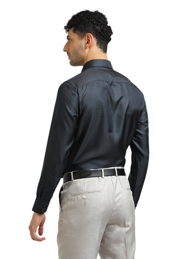 Model wearing Clarke Gable's Dark Navy Checked Formal Shirt in a casual setting