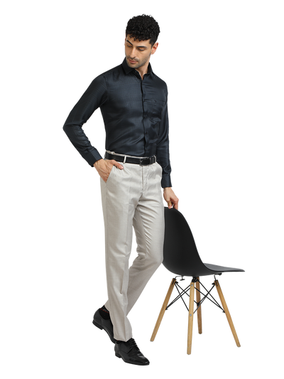 Model wearing Clarke Gable's Dark Navy Checked Formal Shirt in a casual setting