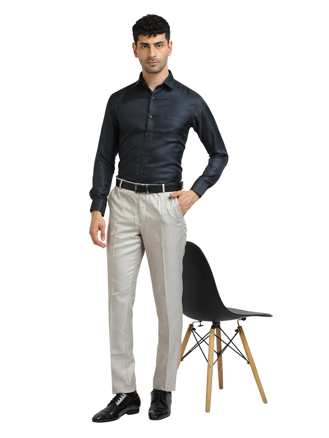 Model wearing Clarke Gable's Dark Navy Checked Formal Shirt in a casual setting