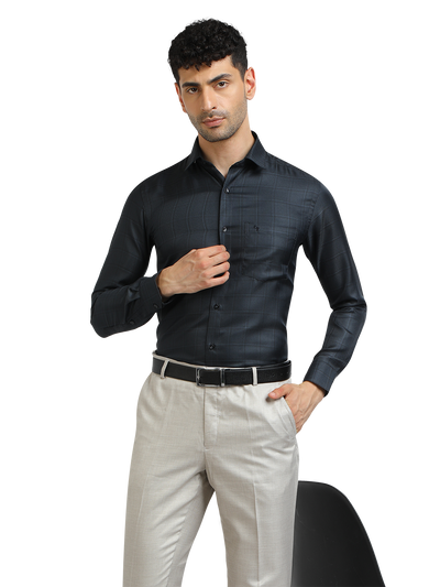 Model wearing Clarke Gable's Dark Navy Checked Formal Shirt in a casual setting
