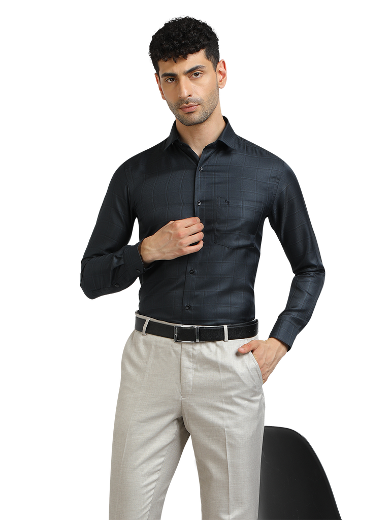 Model wearing Clarke Gable's Dark Navy Checked Formal Shirt in a casual setting