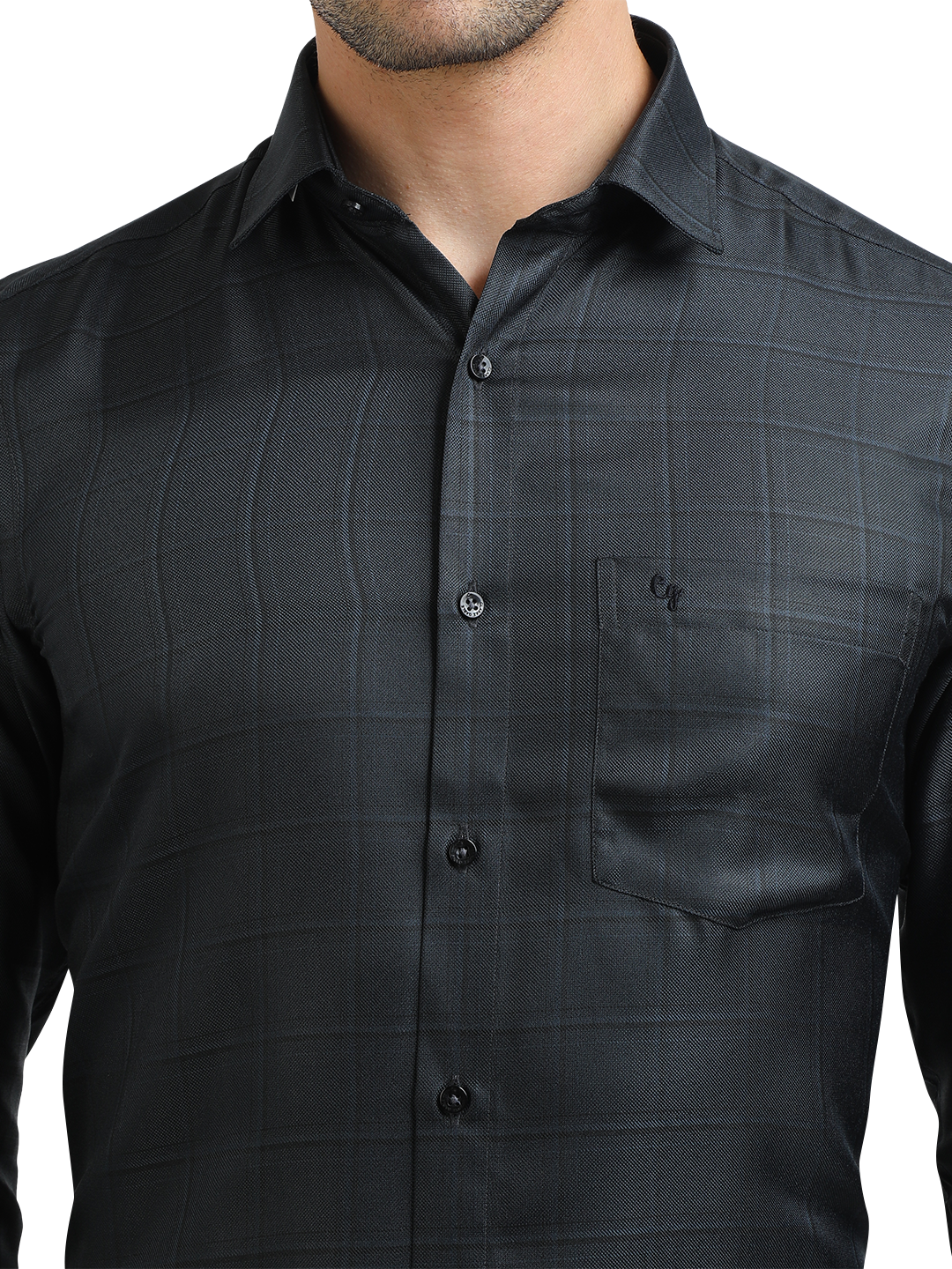 Model wearing Clarke Gable's Dark Navy Checked Formal Shirt in a casual setting