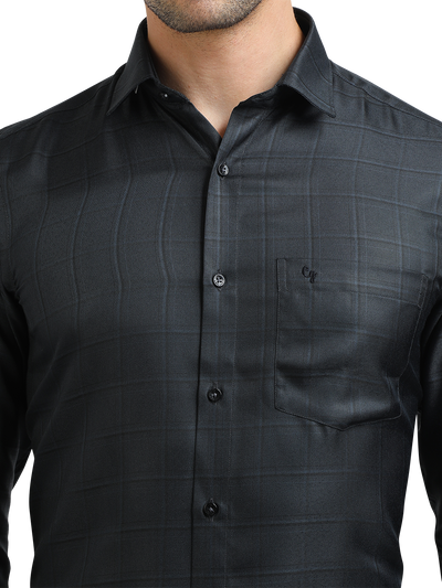 Model wearing Clarke Gable's Dark Navy Checked Formal Shirt in a casual setting